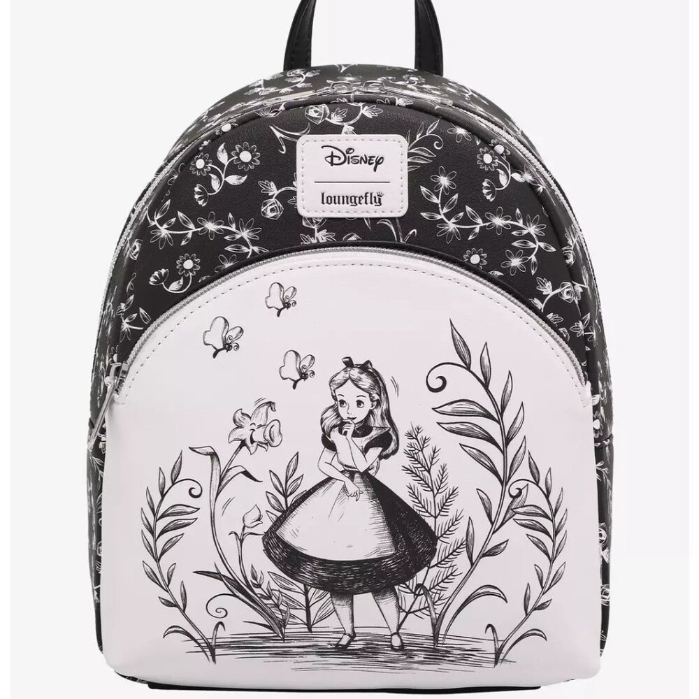Loungefly Disney Alice In Wonderland Mini Backpack Black And White Floral Bag